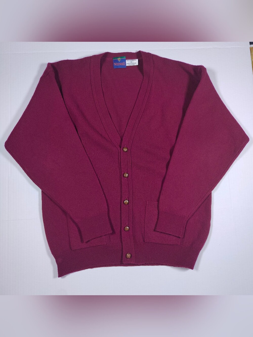 Woodward Burgundy 100% Lambswool Cardigan Size XL Made In Scottland